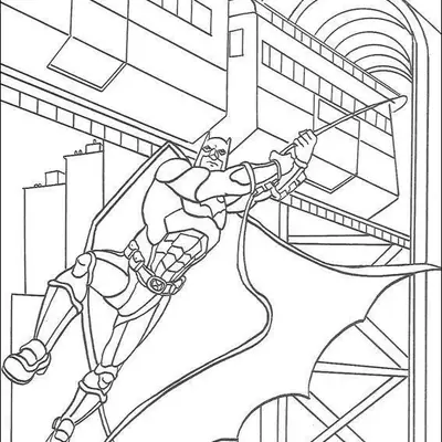 Desenho de contorno do Batman segurando uma corda de rapel, deslizando ao lado de um trem de monotrilho com estruturas metálicas e prédios ao fundo.