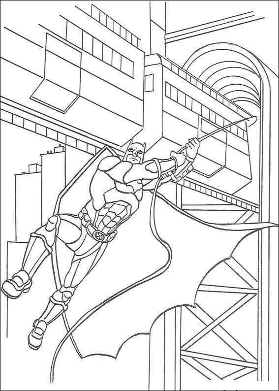 Desenho de contorno do Batman segurando uma corda de rapel, deslizando ao lado de um trem de monotrilho com estruturas metálicas e prédios ao fundo.