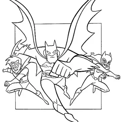 Desenho de contorno do Batman saltando para a frente com braços abertos, ladeado por Robin e Batgirl em poses de corrida e combate.
