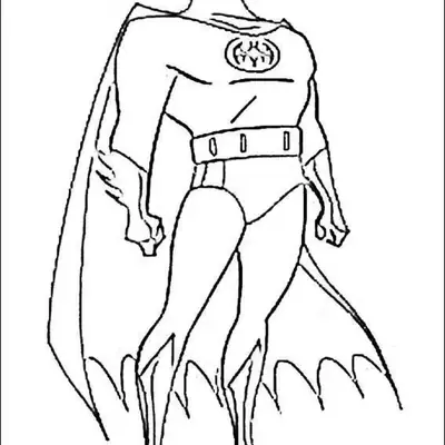 Desenho de contorno do Batman em pé, com as mãos cerradas ao lado do corpo, vestindo o traje clássico com capa e máscara pontiaguda.