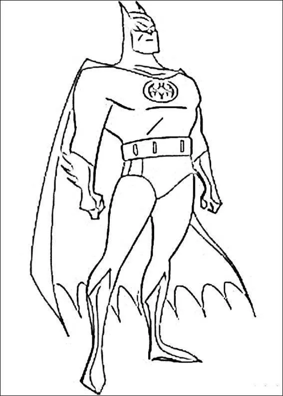 Desenho de contorno do Batman em pé, com as mãos cerradas ao lado do corpo, vestindo o traje clássico com capa e máscara pontiaguda.
