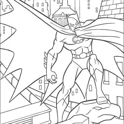 Desenho de contorno do Batman com um pé sobre uma pedra ou parapeito, capa aberta em formato de asas de morcego e prédios de Gotham ao fundo.