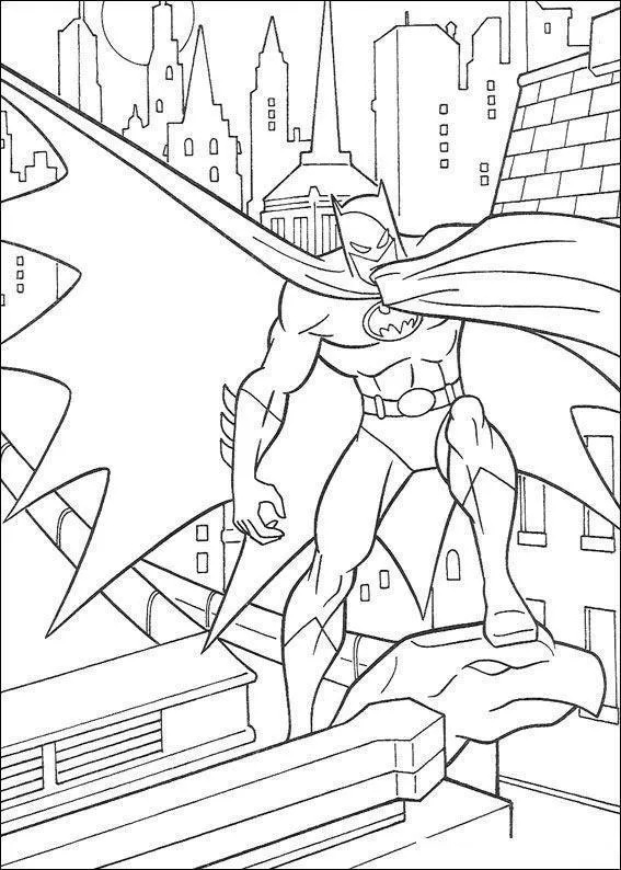 Desenho de contorno do Batman com um pé sobre uma pedra ou parapeito, capa aberta em formato de asas de morcego e prédios de Gotham ao fundo.