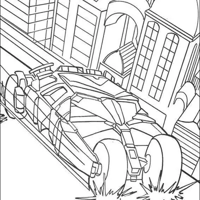 Desenho de contorno do Batmóvel estilo Tumbler visto de trás, acelerando em uma rua de Gotham City cercada por prédios detalhados.
