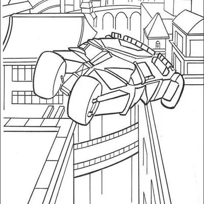Desenho de contorno do Batmóvel estilo Tumbler saltando no ar entre duas partes de uma ponte, com a silhueta de Gotham City ao fundo.