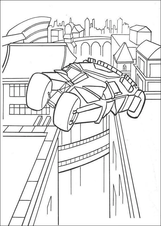 Desenho de contorno do Batmóvel estilo Tumbler saltando no ar entre duas partes de uma ponte, com a silhueta de Gotham City ao fundo.
