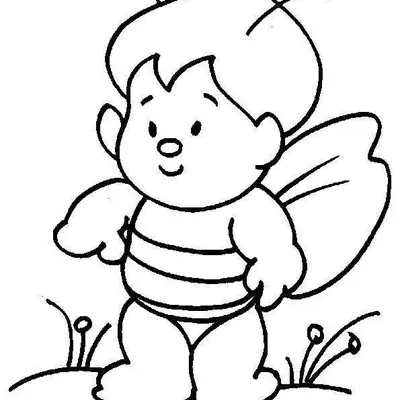 Desenho de contorno de um bebê abelha sorridente com cabelos estilizados, corpo listrado, asinhas pequenas e flores simples ao fundo.