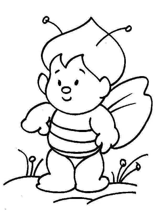 Desenho de contorno de um bebê abelha sorridente com cabelos estilizados, corpo listrado, asinhas pequenas e flores simples ao fundo.
