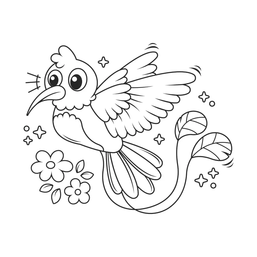 Desenho de contorno de um beija-flor cartoon com bico longo, cauda ornamentada, flores e pequenas estrelas ao redor.