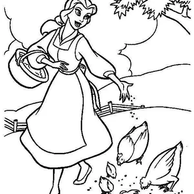 Desenho de contorno da Bela segurando uma cesta e jogando sementes para galinhas e pintinhos em um cenário de fazenda com cerca e árvores.