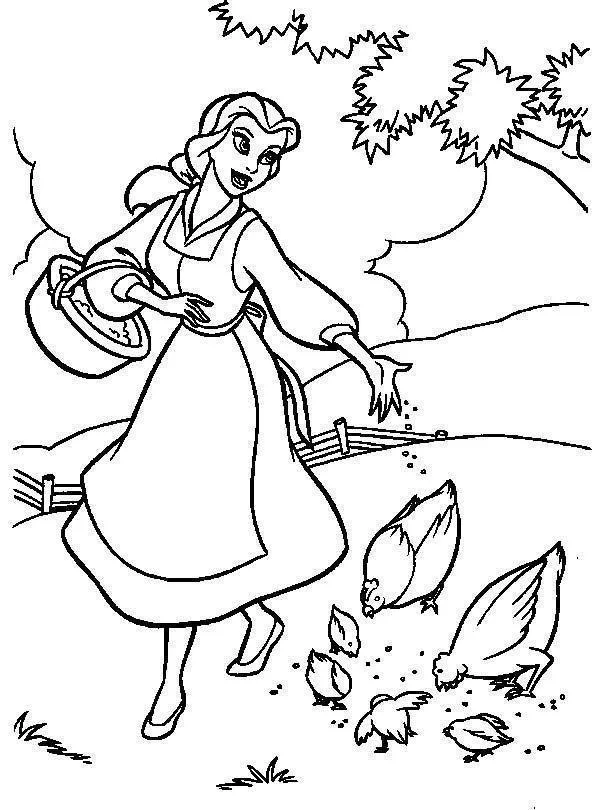 Desenho de contorno da Bela segurando uma cesta e jogando sementes para galinhas e pintinhos em um cenário de fazenda com cerca e árvores.