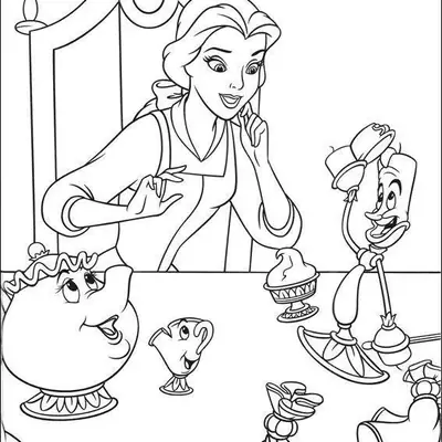 Desenho de contorno da Bela sentada à mesa com Lumiere dançando, Madame Samovar e Zip, rodeados por sobremesas e guardanapos.