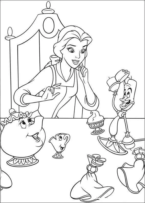 Desenho de contorno da Bela sentada à mesa com Lumiere dançando, Madame Samovar e Zip, rodeados por sobremesas e guardanapos.