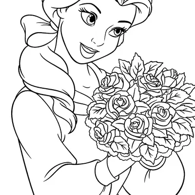 Desenho de contorno da Bela de perfil lateral, usando laço no cabelo e segurando um grande buquê de rosas com muitas pétalas e folhas.