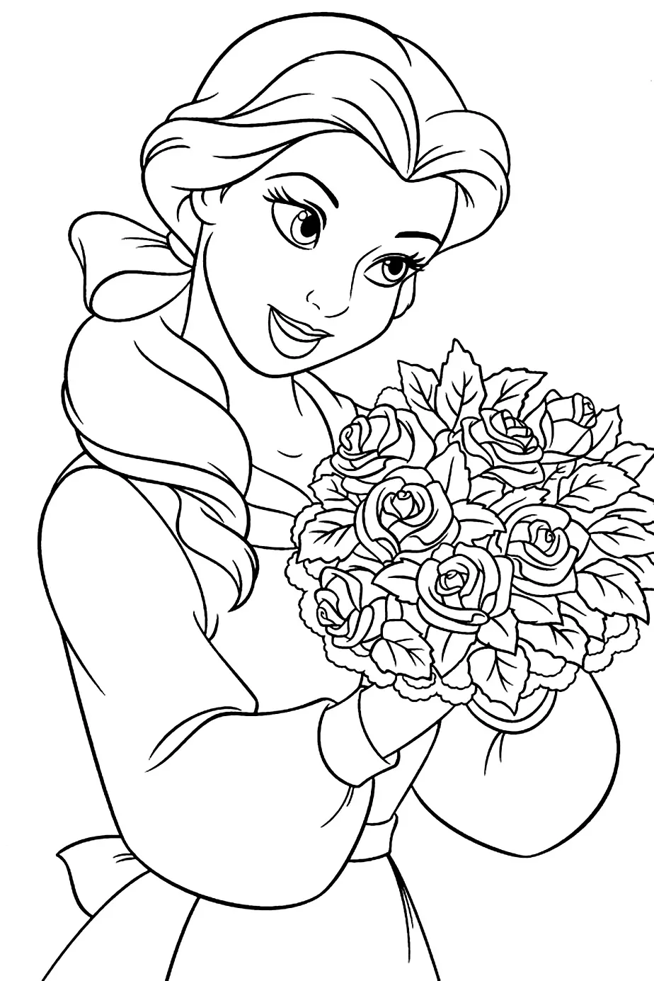 Desenho de contorno da Bela de perfil lateral, usando laço no cabelo e segurando um grande buquê de rosas com muitas pétalas e folhas.