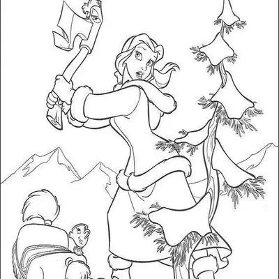 Desenho de contorno da Bela com casaco de inverno segurando um machado para o alto, com montanhas e pinheiros com neve ao fundo.
