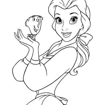 Desenho de contorno da Bela usando avental e laço no cabelo, segurando a xícara Zip com as duas mãos e sorrindo.