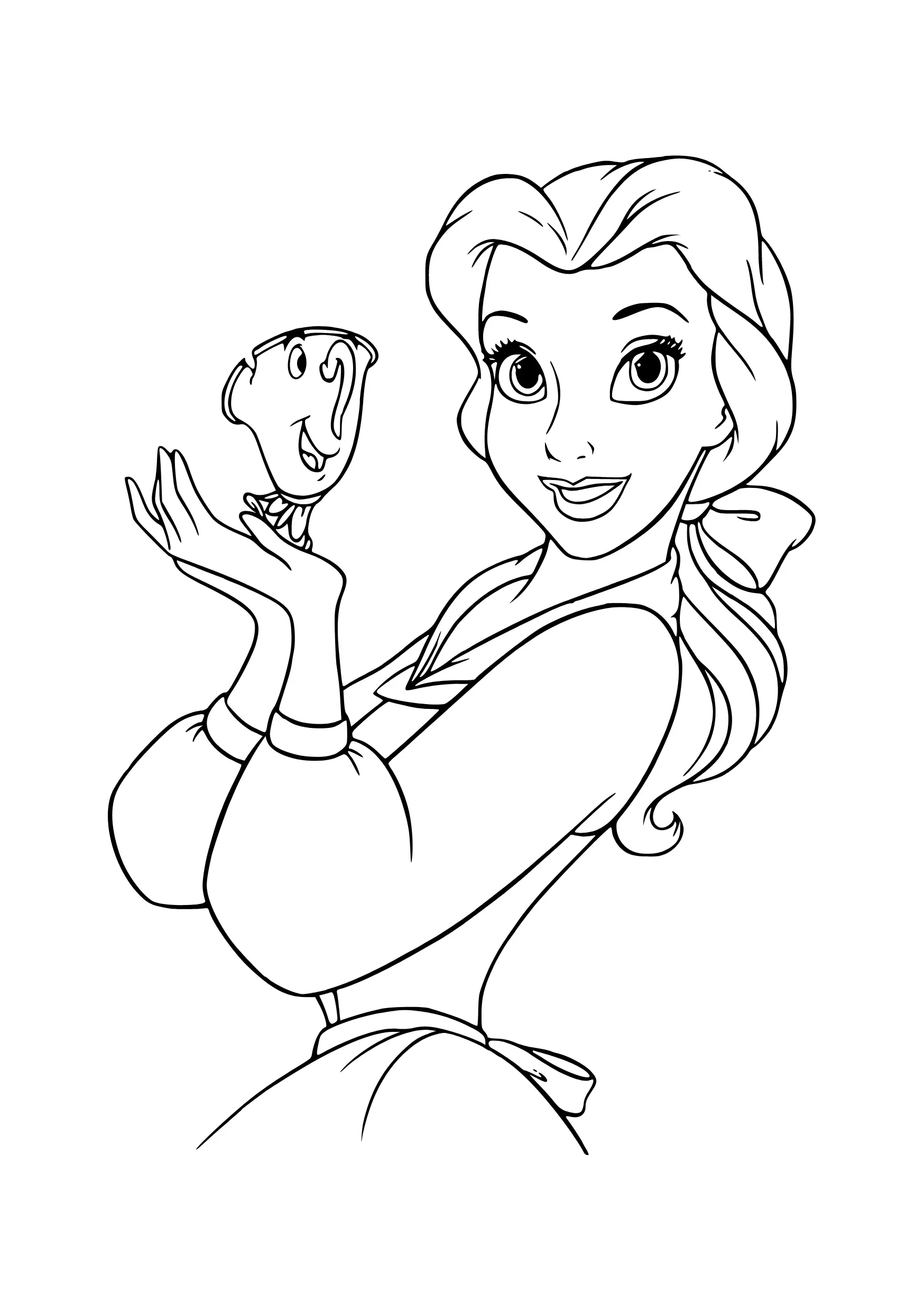 Desenho de contorno da Bela usando avental e laço no cabelo, segurando a xícara Zip com as duas mãos e sorrindo.