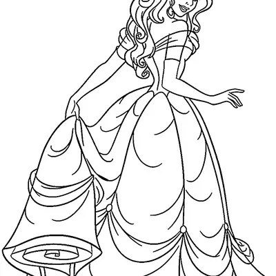 Desenho de contorno da Princesa Bela vista de costas e de lado, segurando a barra do vestido longo, com cabelos cacheados e expressão serena.