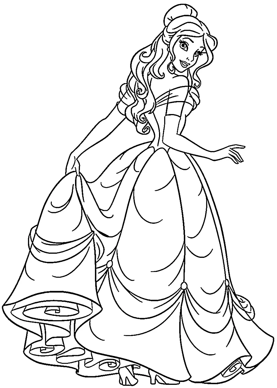 Desenho de contorno da Princesa Bela vista de costas e de lado, segurando a barra do vestido longo, com cabelos cacheados e expressão serena.