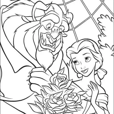 Desenho de contorno da Fera entregando um buquê de três rosas grandes para a Bela, ambos com expressões suaves e felizes.