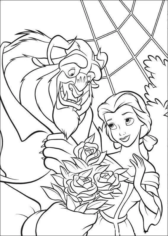 Desenho de contorno da Fera entregando um buquê de três rosas grandes para a Bela, ambos com expressões suaves e felizes.