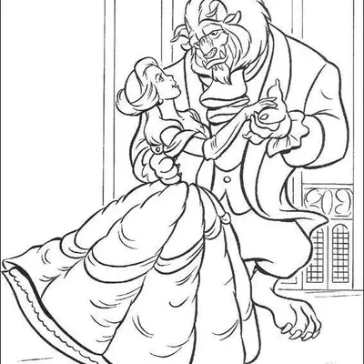 Desenho de contorno da Bela e a Fera dançando no salão de baile, ela com vestido de gala e ele com traje formal, olhando-se nos olhos.