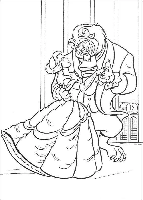 Desenho de contorno da Bela e a Fera dançando no salão de baile, ela com vestido de gala e ele com traje formal, olhando-se nos olhos.