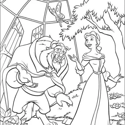 Desenho de contorno da Bela e a Fera caminhando em um jardim interno sob um teto de vidro, com roseiras e uma borboleta voando.