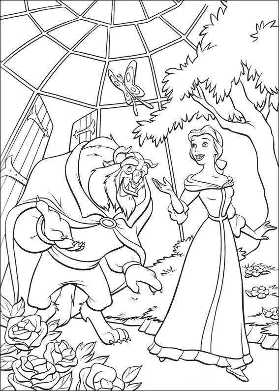 Desenho de contorno da Bela e a Fera caminhando em um jardim interno sob um teto de vidro, com roseiras e uma borboleta voando.