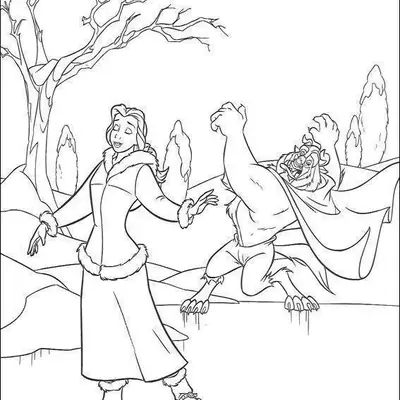 Desenho de contorno da Bela patinando no gelo com casaco de inverno e a Fera ao fundo tentando se equilibrar, com árvores secas e neve.