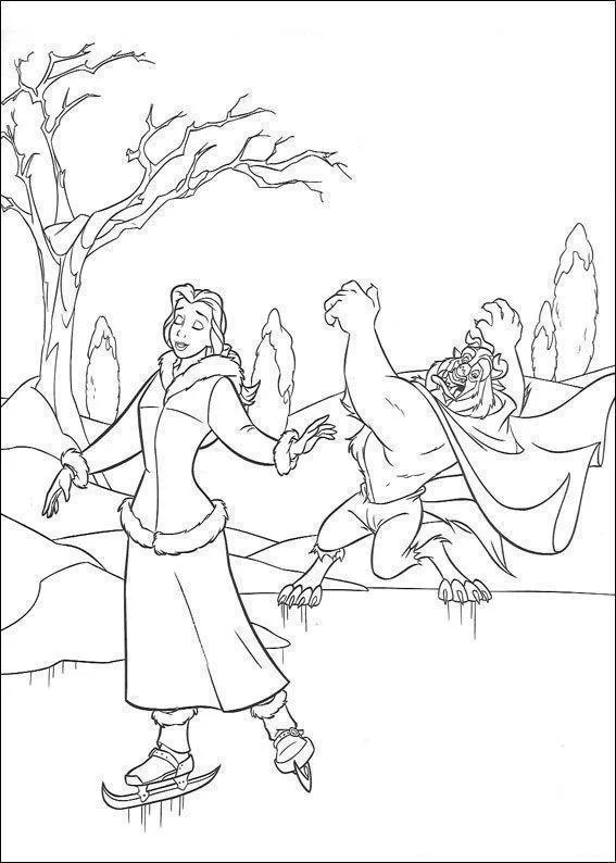 Desenho de contorno da Bela patinando no gelo com casaco de inverno e a Fera ao fundo tentando se equilibrar, com árvores secas e neve.