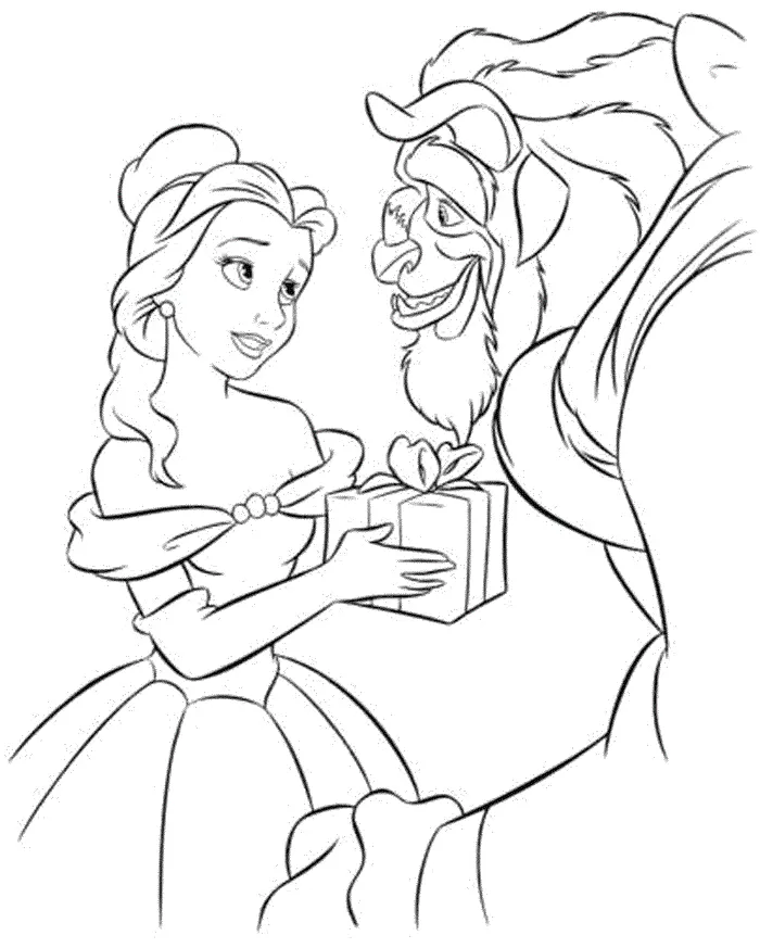 Desenho de contorno da Bela em seu vestido de gala recebendo um presente com laço da Fera, ambos sorrindo um para o outro.