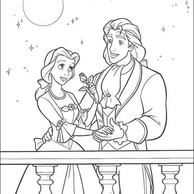 Desenho de contorno da Bela e do Príncipe Adam em forma humana na sacada do castelo, segurando uma rosa sob a lua cheia e estrelas.