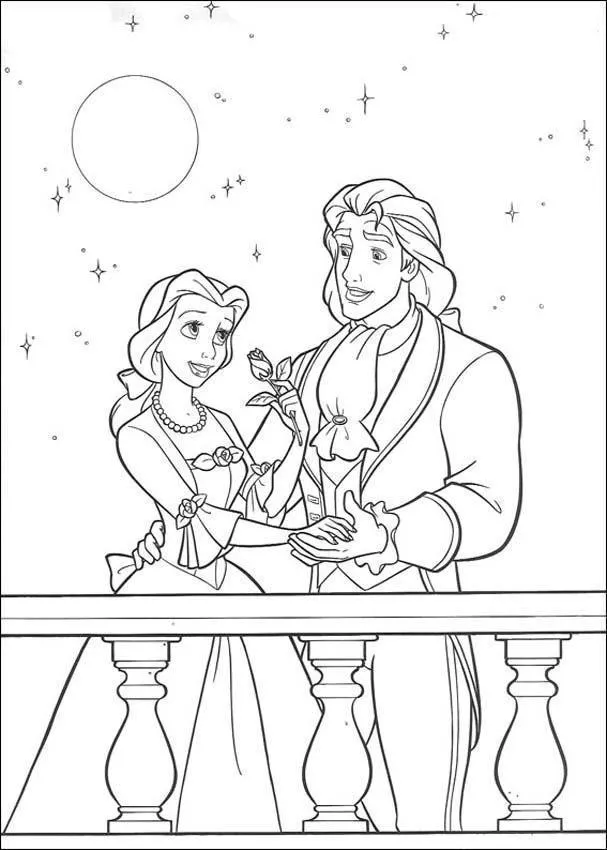 Desenho de contorno da Bela e do Príncipe Adam em forma humana na sacada do castelo, segurando uma rosa sob a lua cheia e estrelas.