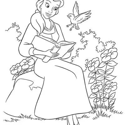 Desenho de contorno da Bela sentada em uma pedra lendo um livro aberto, com um passarinho voando e arbustos com flores ao redor.