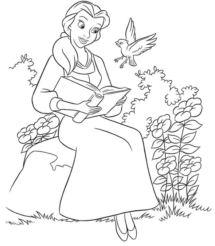 Desenho de contorno da Bela sentada em uma pedra lendo um livro aberto, com um passarinho voando e arbustos com flores ao redor.
