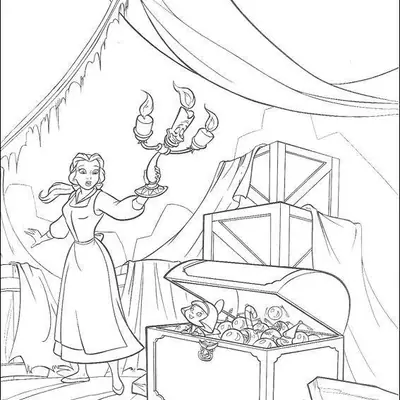 Desenho de contorno da Bela segurando o candelabro Lumiere aceso, iluminando um baú aberto cheio de esferas e objetos, com caixas ao fundo.