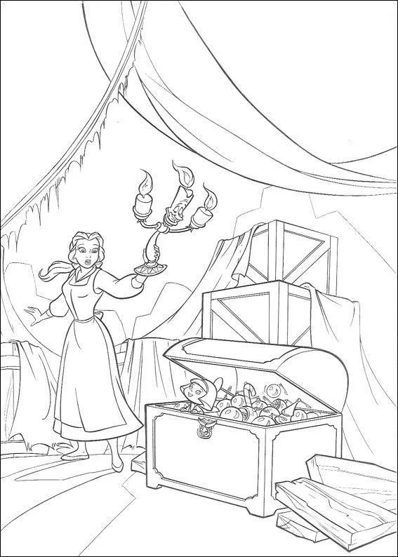 Desenho de contorno da Bela segurando o candelabro Lumiere aceso, iluminando um baú aberto cheio de esferas e objetos, com caixas ao fundo.