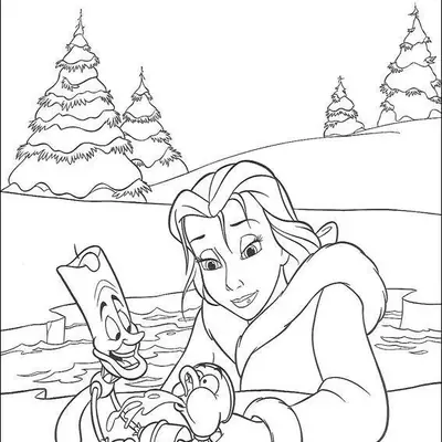 Desenho de contorno da Bela com casaco de pele, Lumiere e a xícara Zip brincando na neve com pinheiros cobertos de gelo ao fundo.