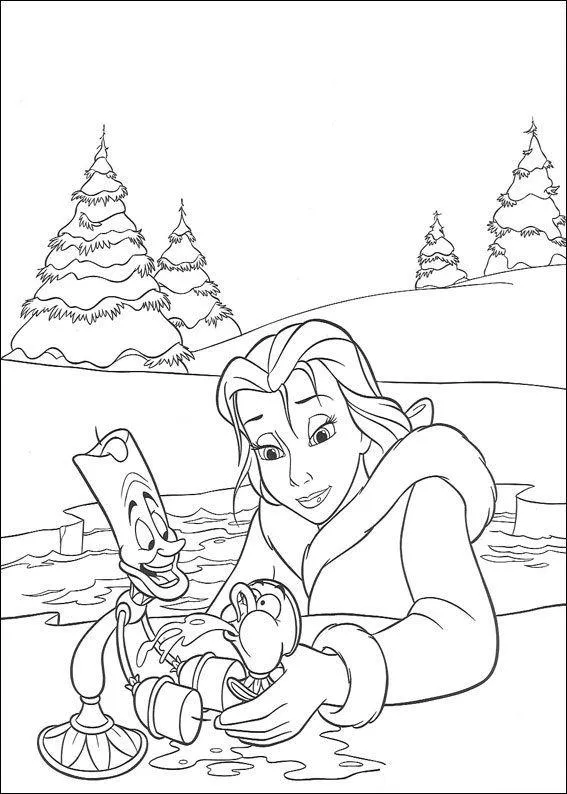 Desenho de contorno da Bela com casaco de pele, Lumiere e a xícara Zip brincando na neve com pinheiros cobertos de gelo ao fundo.