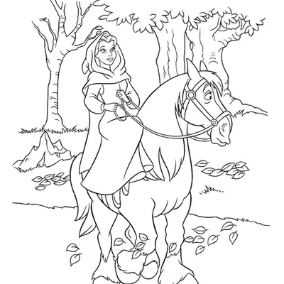 Desenho de contorno da Bela usando capa e capuz, montada no cavalo Philippe em uma trilha com árvores e folhas caindo.