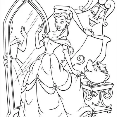 Desenho de contorno da Bela usando vestido de gala e se olhando em um espelho de corpo inteiro, com a Madame Samovar, Zip e o Guarda-Roupa ao lado.