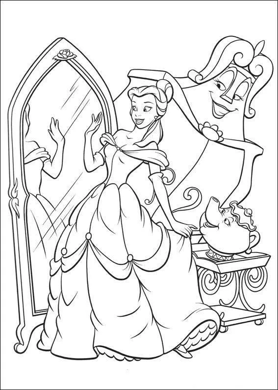 Desenho de contorno da Bela usando vestido de gala e se olhando em um espelho de corpo inteiro, com a Madame Samovar, Zip e o Guarda-Roupa ao lado.