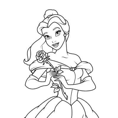 Desenho de contorno da Princesa Bela de corpo inteiro, usando vestido de gala e segurando uma rosa com as duas mãos, em estilo Disney.
