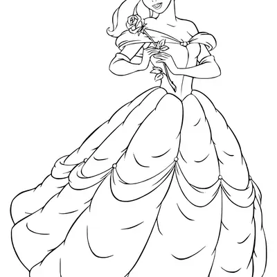 Desenho de contorno da Princesa Bela de corpo inteiro, usando o vestido de baile amarelo e segurando uma rosa, em pose clássica para colorir.
