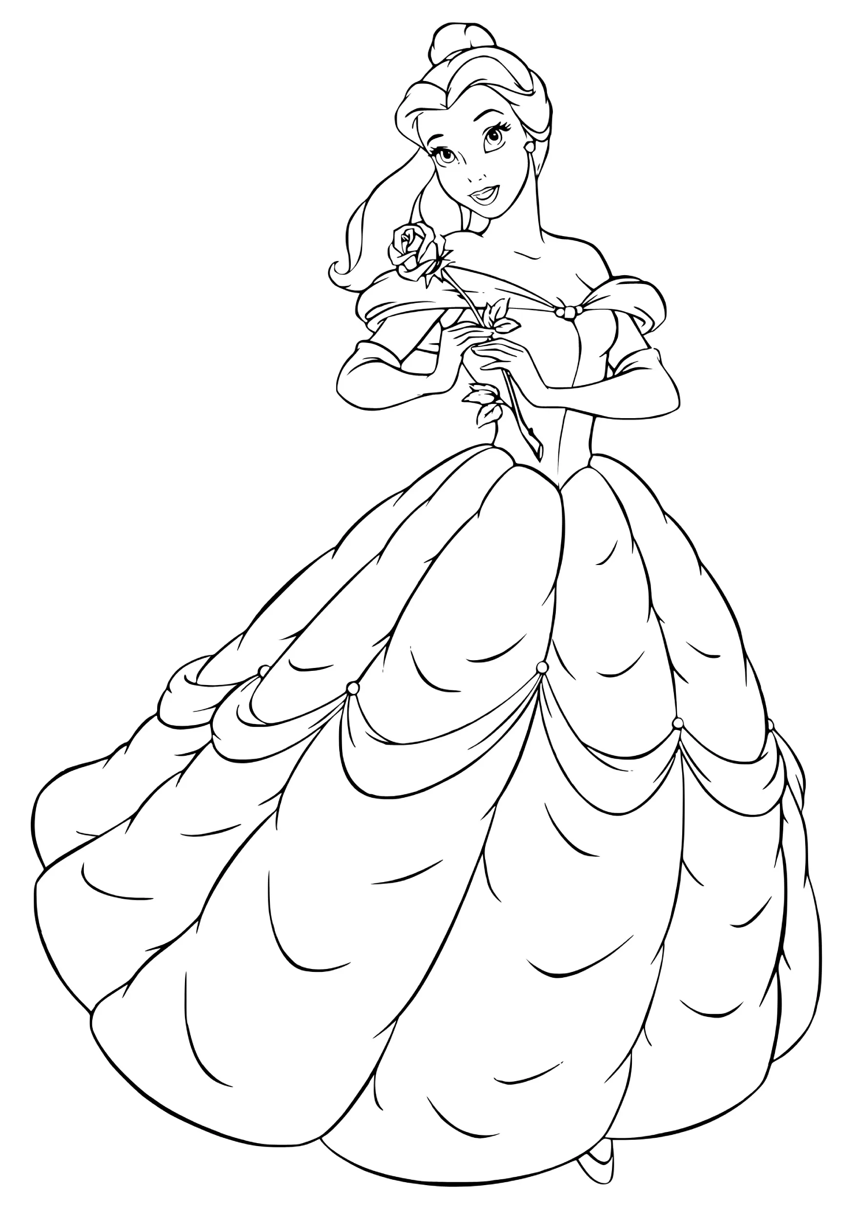 Desenho de contorno da Princesa Bela de corpo inteiro, usando o vestido de baile amarelo e segurando uma rosa, em pose clássica para colorir.
