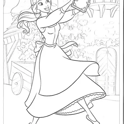Desenho de contorno da Bela usando avental, segurando um livro aberto para o alto no vilarejo, com uma carroça e casas ao fundo.