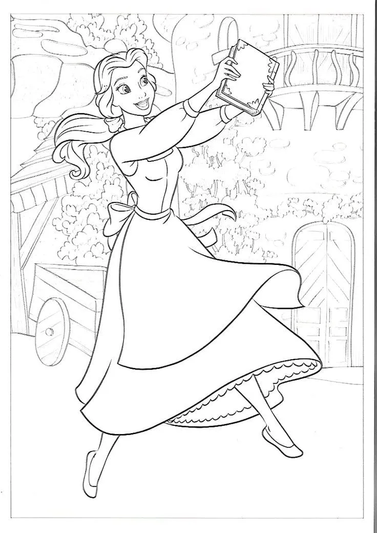 Desenho de contorno da Bela usando avental, segurando um livro aberto para o alto no vilarejo, com uma carroça e casas ao fundo.