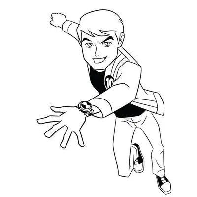 Desenho de contorno do Ben 10 adolescente saltando para frente, com a mão esquerda estendida mostrando o Omnitrix e a mão direita fechada em punho.